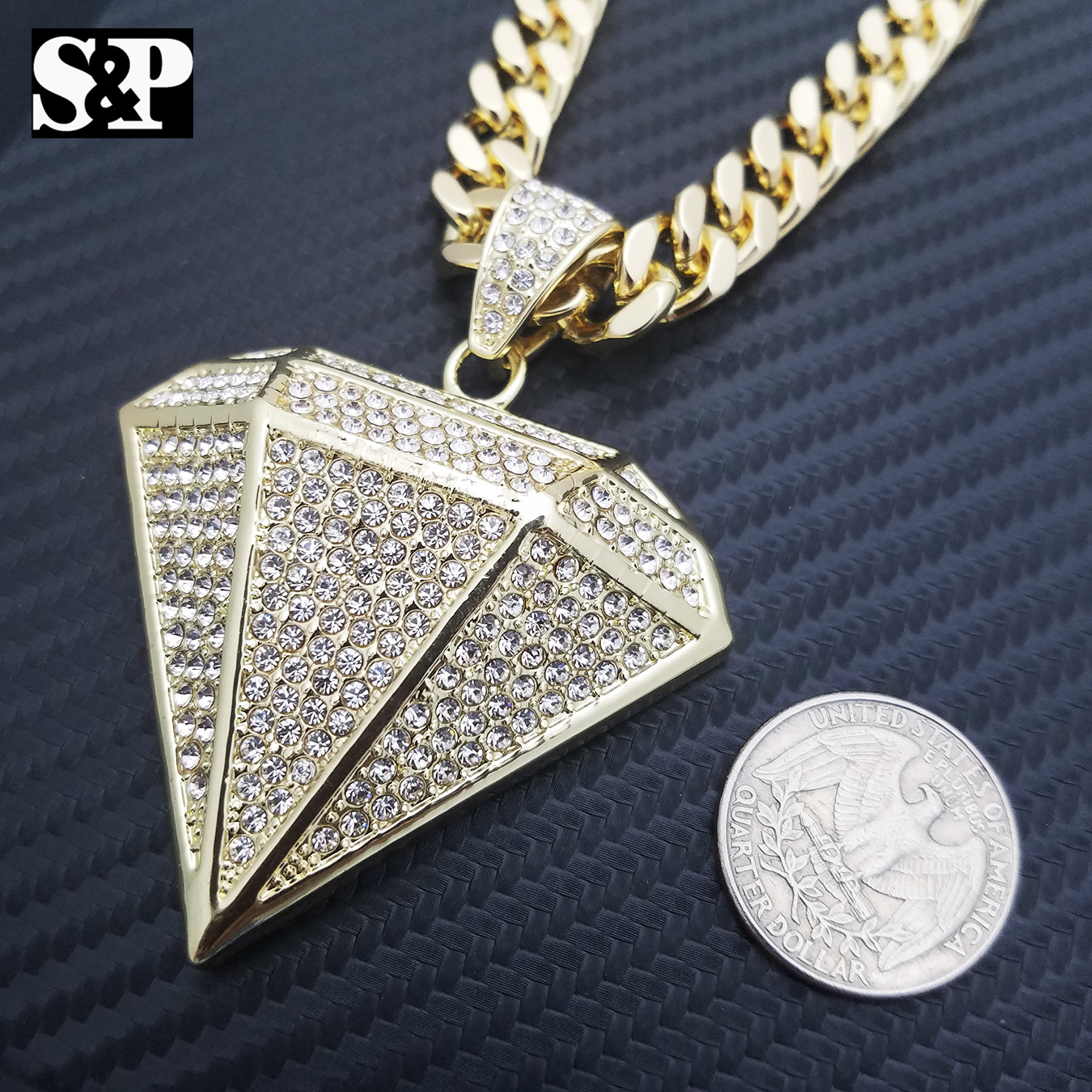 Gold Plated Alloy Cubic Zirconia Diamond Shape 30″ Cuban Chain Hip Hop Necklace