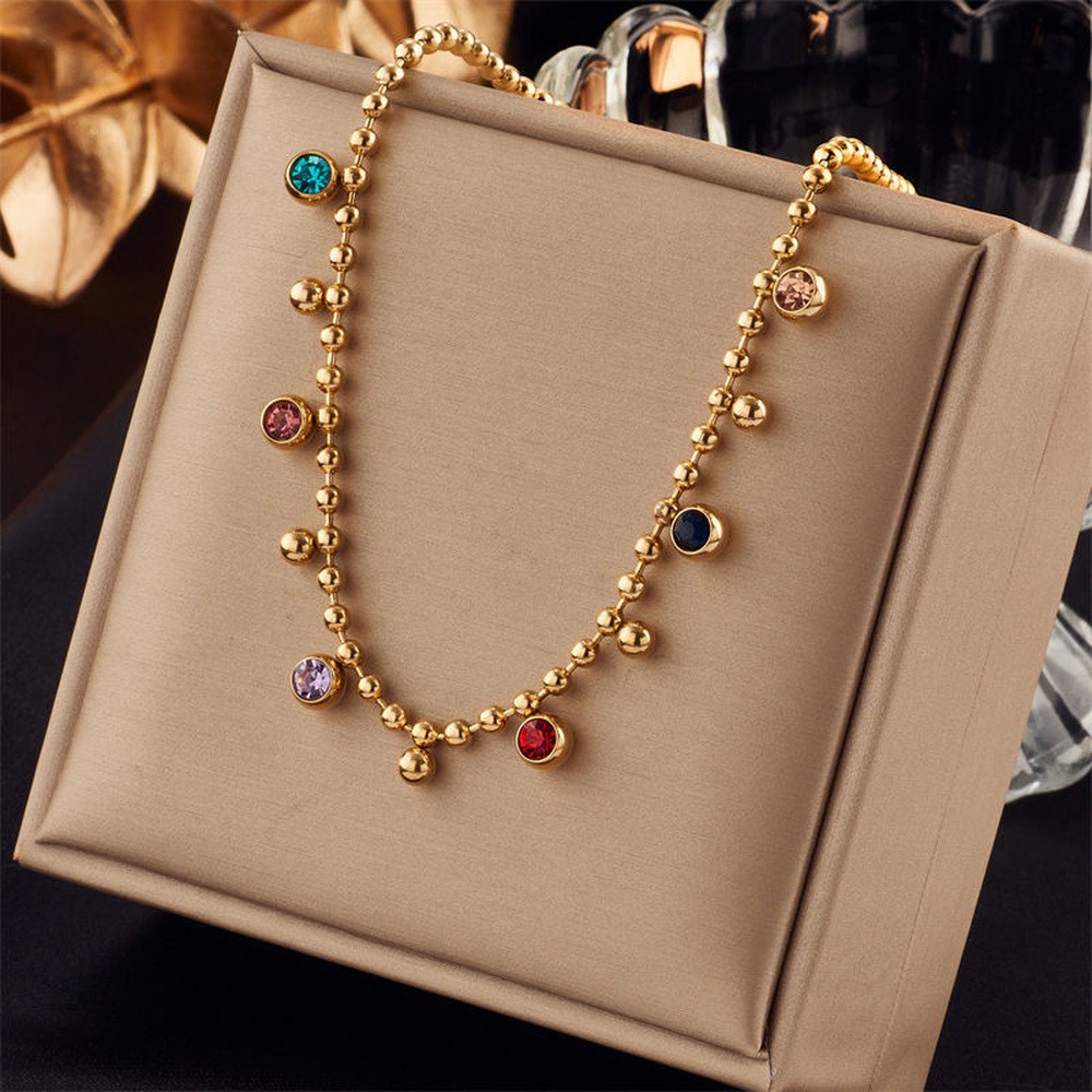 Chain Necklace Stainless Steel Gold Flat Round Pave Cubic Zirconia 15.35 in N102