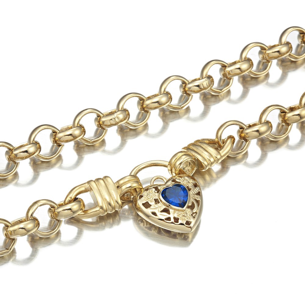 18KGL Thick Solid Rolo Yellow Gold Necklace Filigree Heart Padlock Sapphire Blue