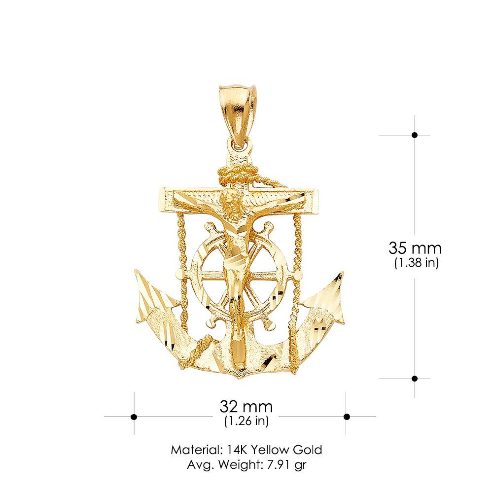 14K Yellow Gold Mariner Crucifix Charm Pendant & 3.8mm Figaro 3+1 Chain Necklace