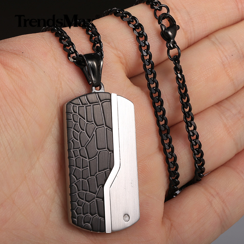 Silver Black Stainless Steel Dog Tag Pendant Charm Military Jewelry Grid Design