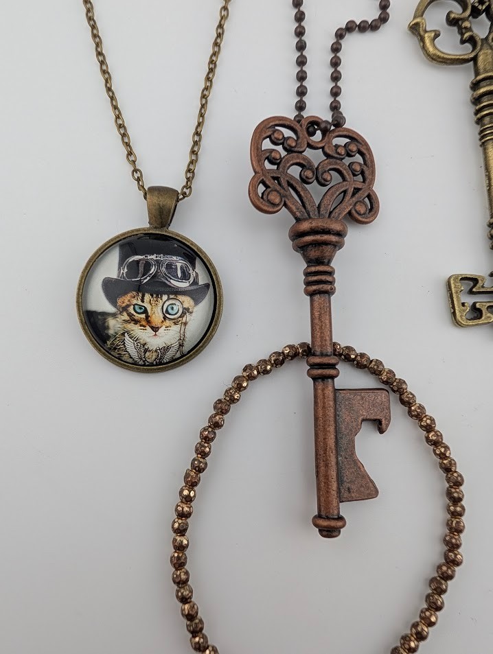 7 pc STEAMPUNK JEWELRY LOT necklaces skeleton key ring brooch copper bronze B1