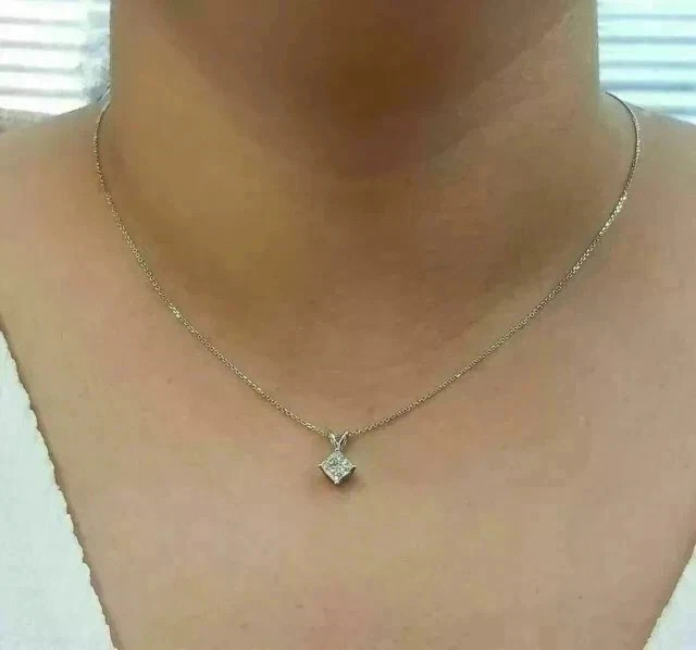 Solitaire Pendant 14k White Gold Plated 2CT Princess Cut Lab Created Diamond