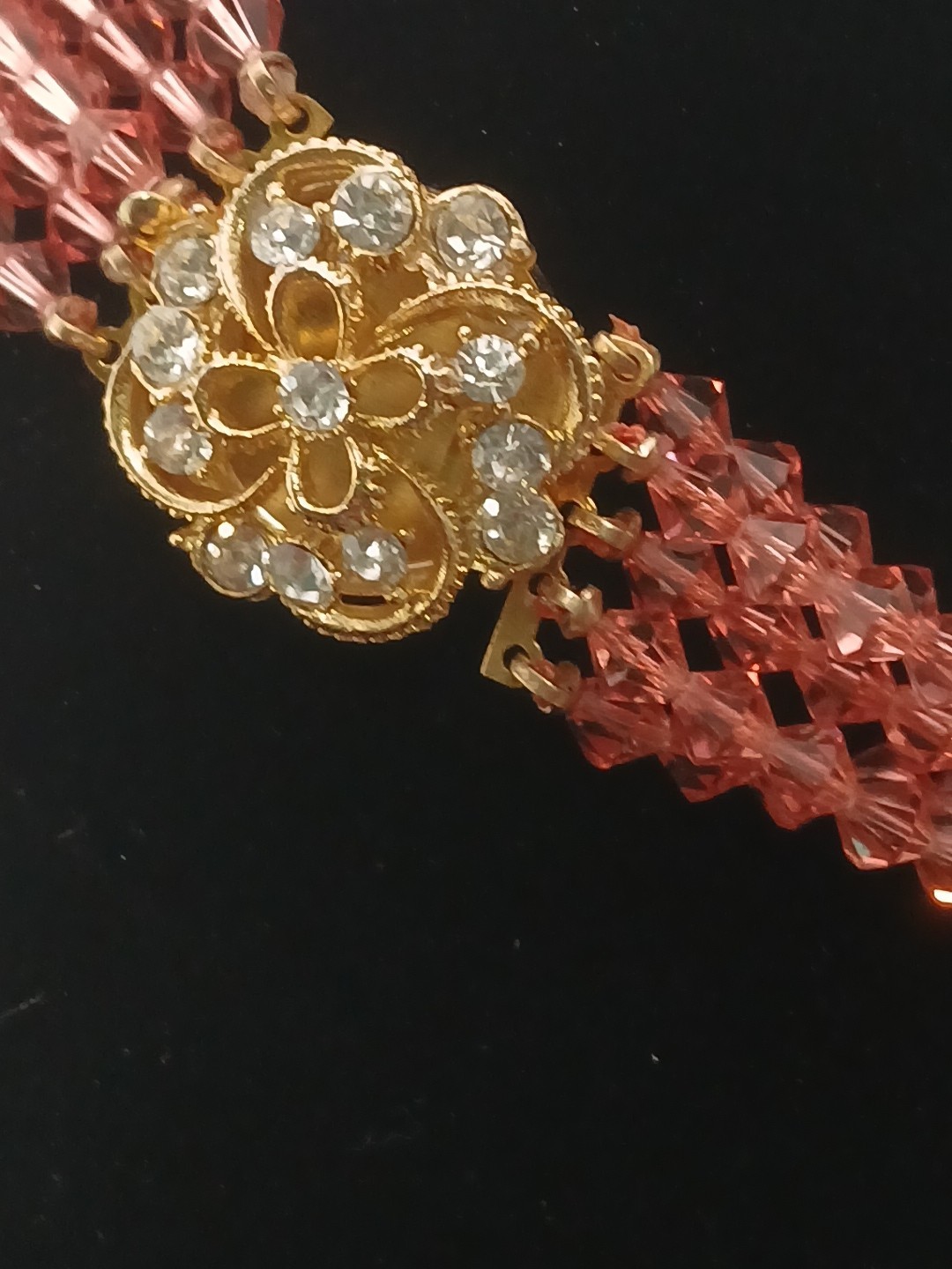 ROYAL ELEGANCE gold tone clear stones 5 strand peachy pink bicone beads chocker