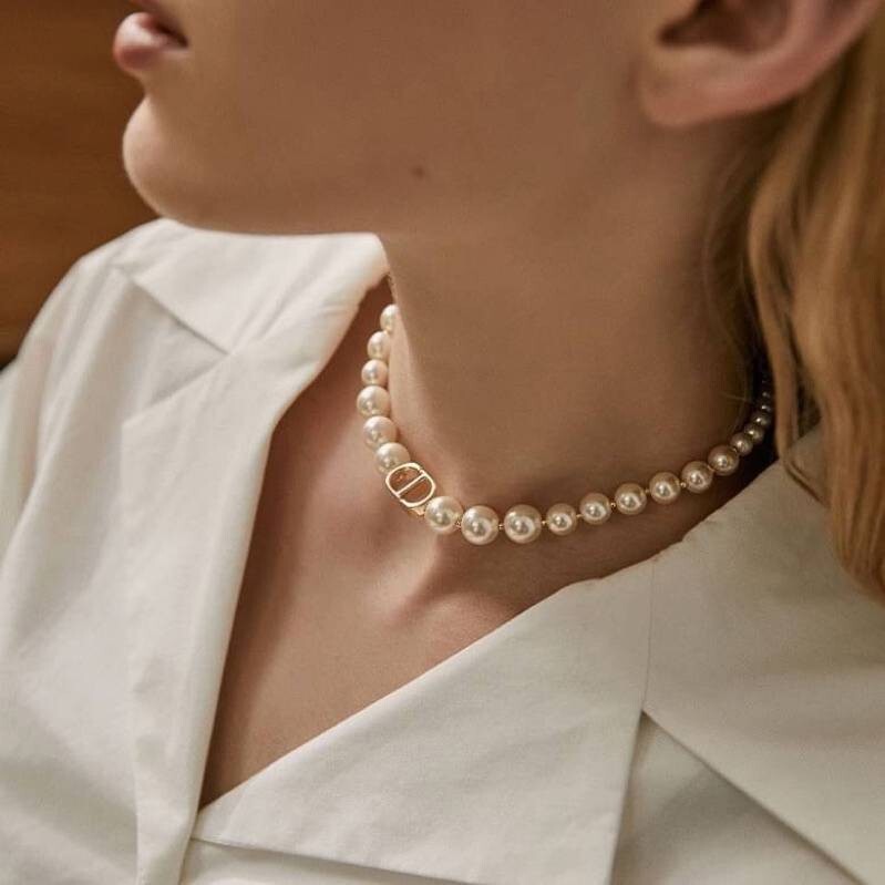 Necklace Earrings Bracelet Faux Pearl Silver Gold Chain Woman CD Pendant Strand