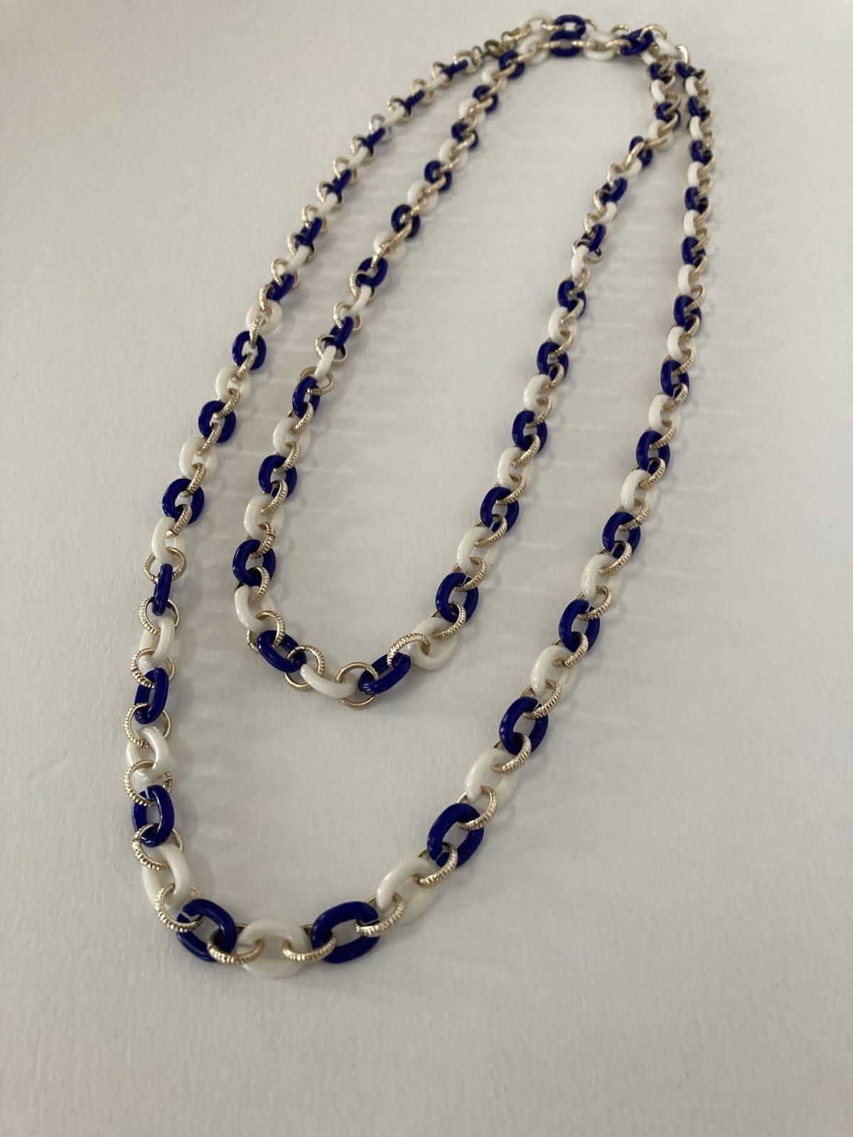 Blue, White And Gold Tone Rings, Necklace Spring Ring Clasp 51” Long