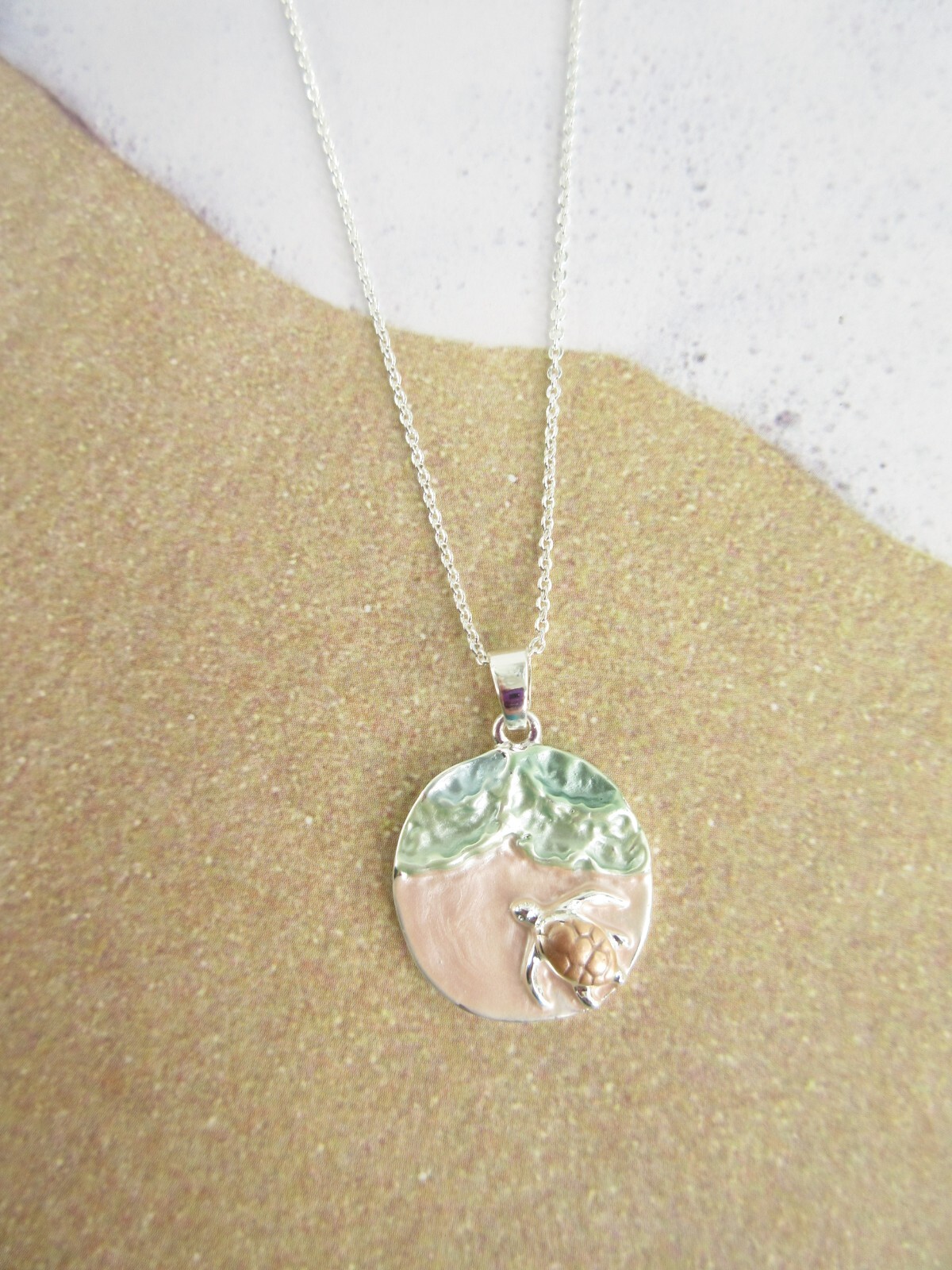 Beach Sea Turtle Necklace Pendant Silver Chain Summer Jewelry Ocean Scene Charm