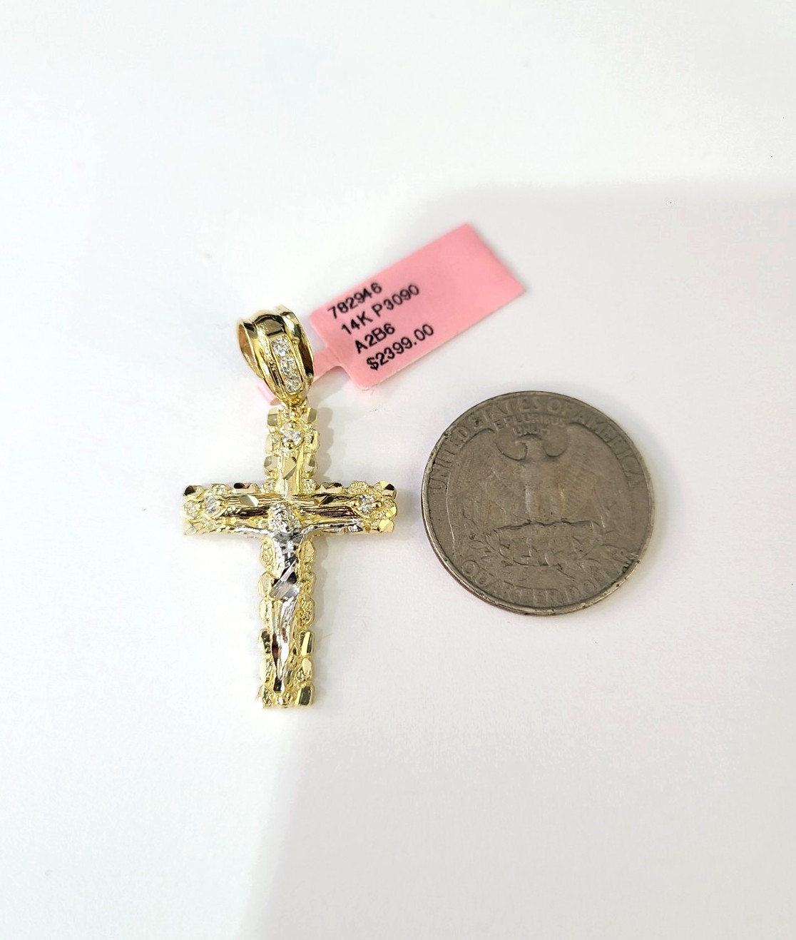 REAL 14k Cuban Curb Link Necklace Chain Nugget Cross 2.5mm 16 inches Ladies
