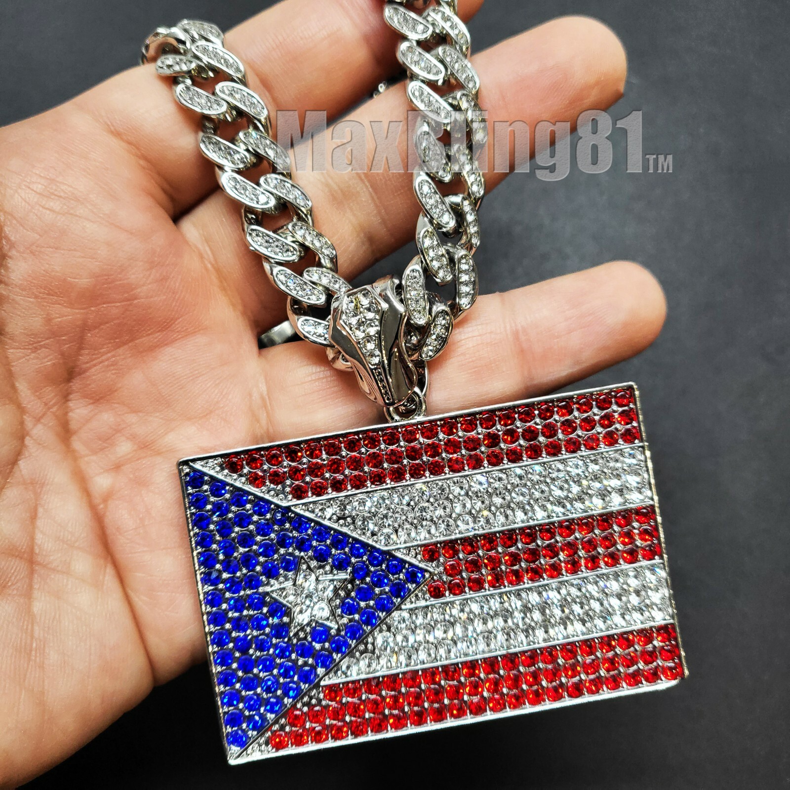 Puerto Rico Flag Bling Pendant 16″ 18″ 20″ 24″ Iced Cuban Chain Hip Hop Necklace