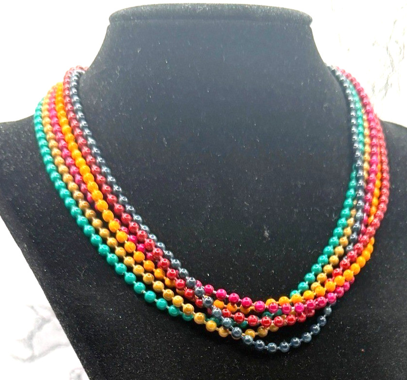 Vintage Multi Strand Beaded Necklace Multicolor Glass Look 15″ Festival Jewelry