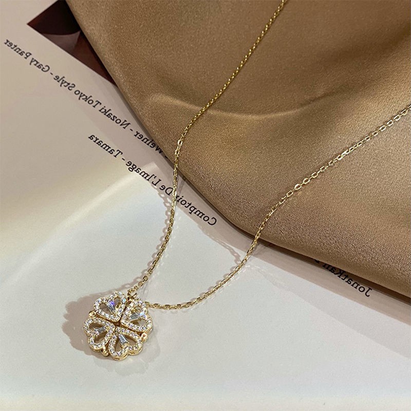Magnetic Four Leaf Clover Heart Necklace Women’s Convertible Lucky Love Pendant