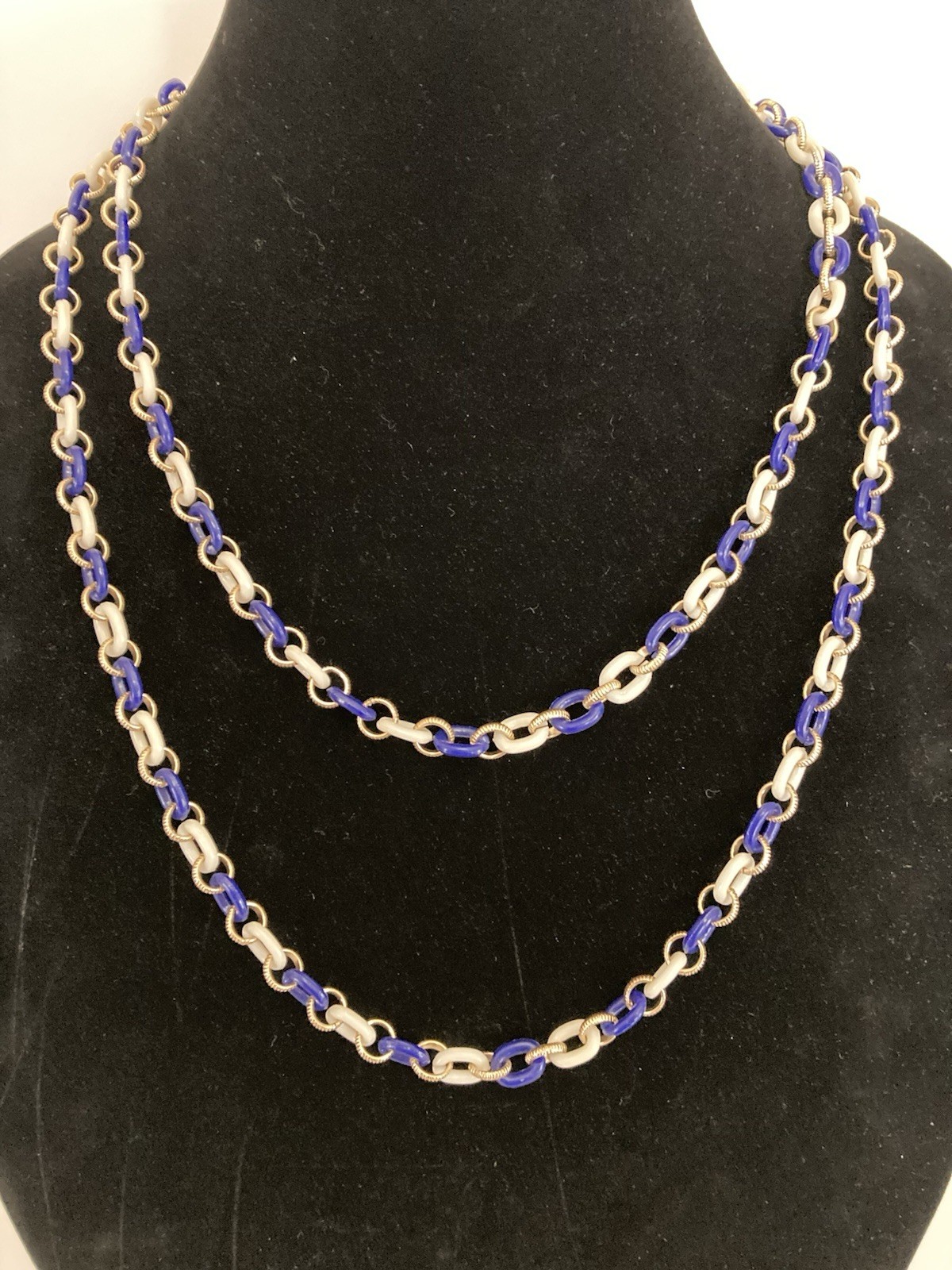 Blue, White And Gold Tone Rings, Necklace Spring Ring Clasp 51” Long