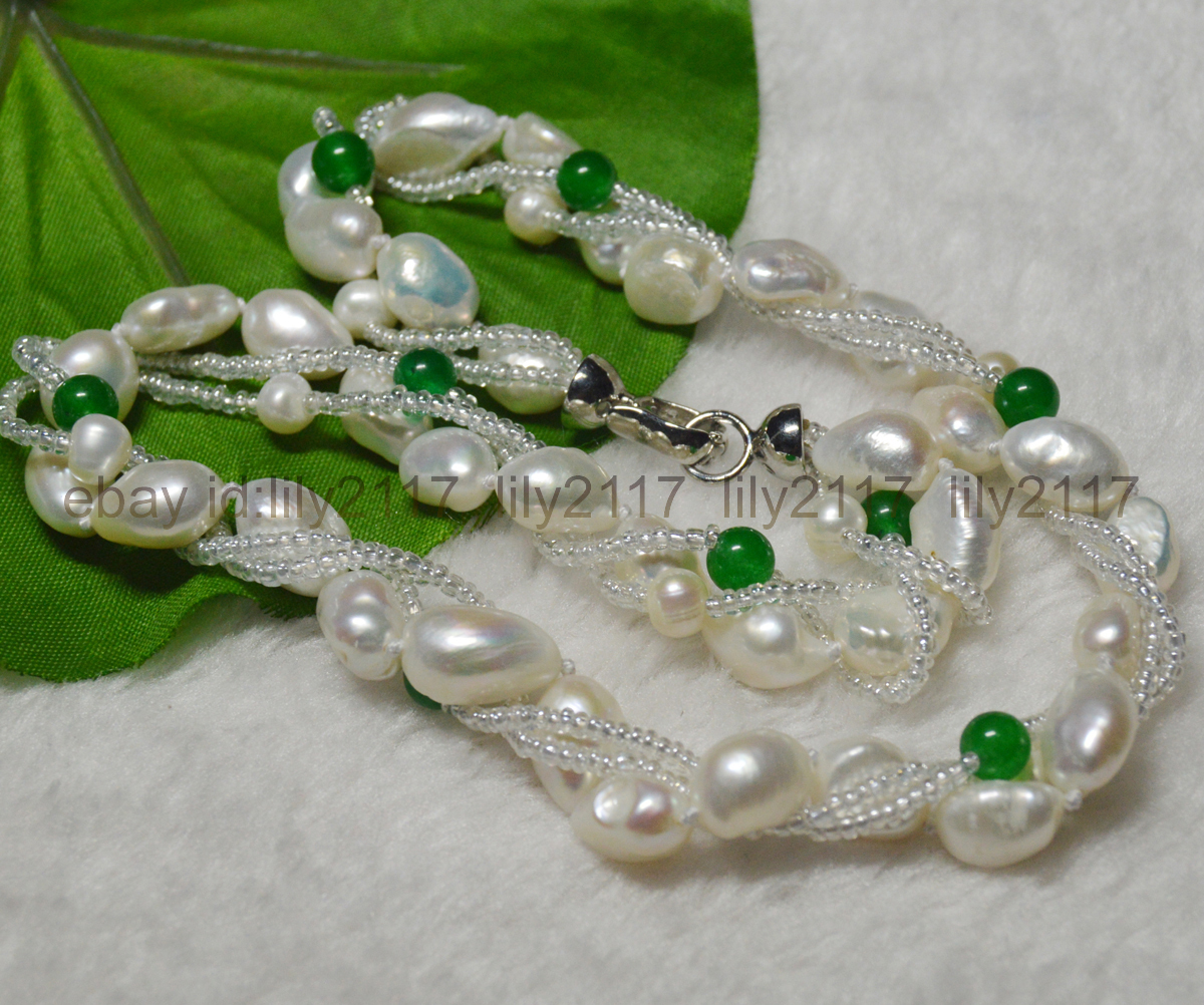 Genuine 3 Rows natural white baroque cultured pearl green jade gems necklace