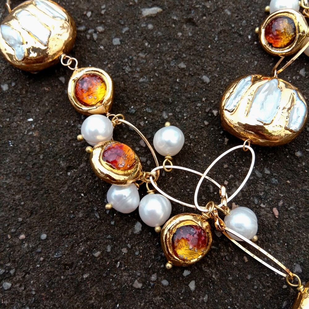 Cultured White Biwa Pearl Brown Murano Glass Chain Pearl Y-Drop Necklace 21″