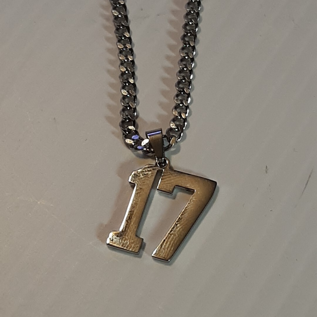 #17 BASEBALL FOOTBALL NUMBER Pendant Charm / 18″-24″ STAINLESS CHAIN NECKLACE
