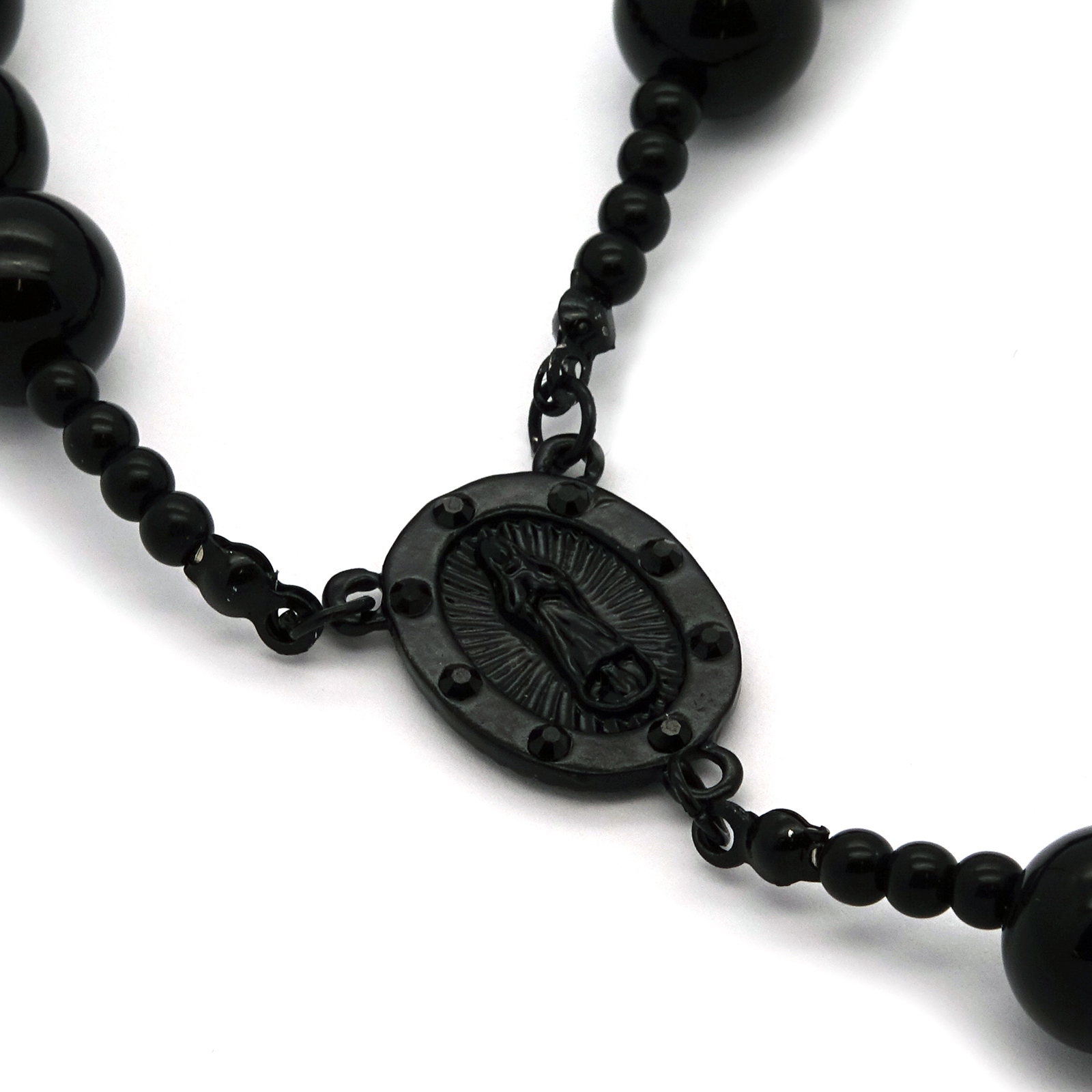 Men’s Hip Hop 15mm BLACK Beads Cubic-Zirconia Guadalupe Rosary & Jesus Cross BK