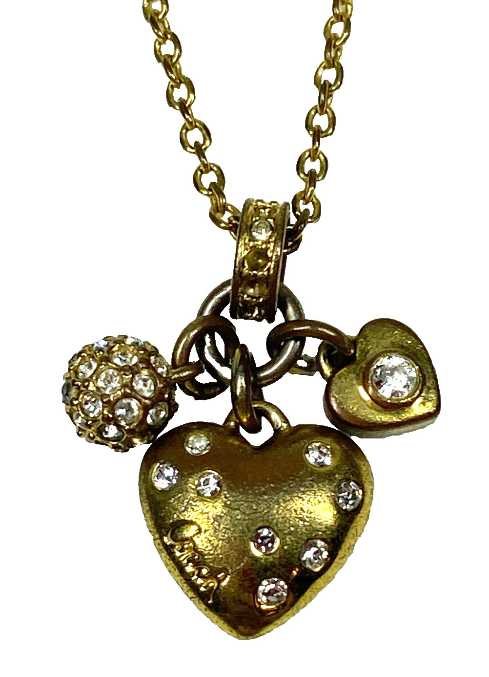 Coach Gold Tone Charm Necklace Heart With Clear Crystals Small Heart Crystal ++