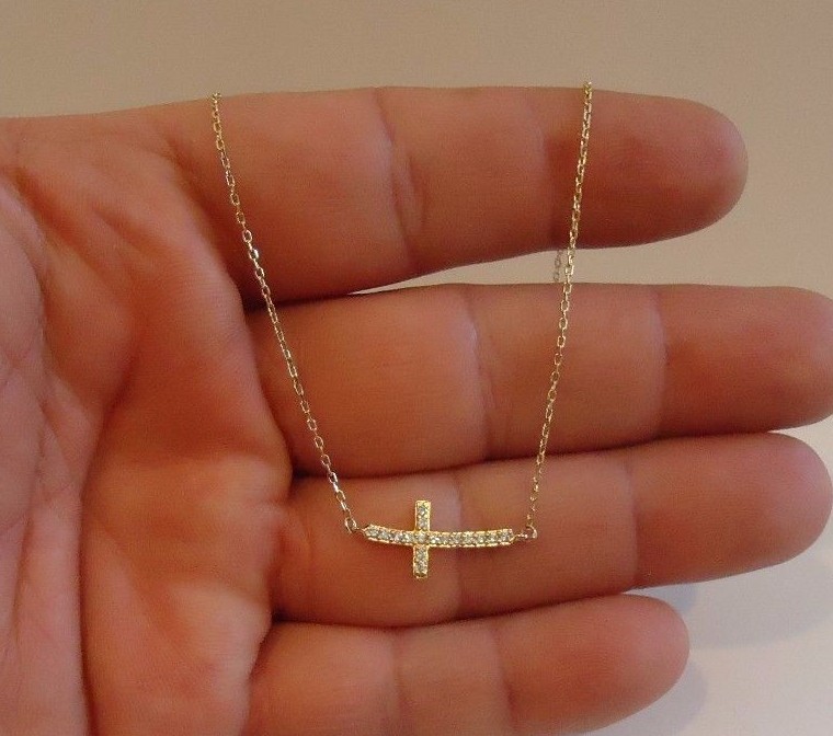 SIDEWAYS CROSS NECKLACE PENDANT W/ LAB CREATED DIAMONDS 925 STERLING SILVER