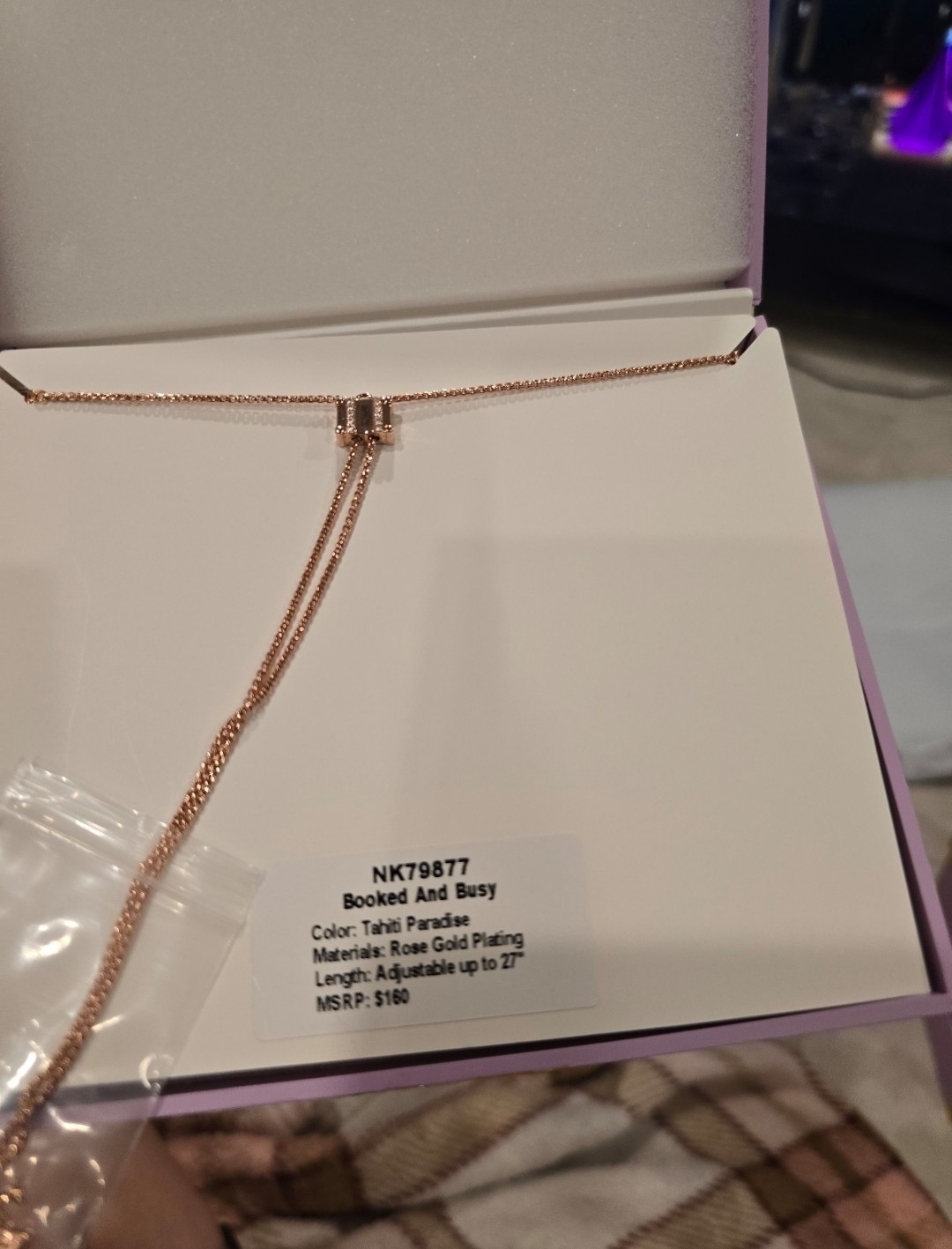 BP Booked And Busy NK79877 Rose Gold Plated Pink/Purple Bead Necklace Adj 27″