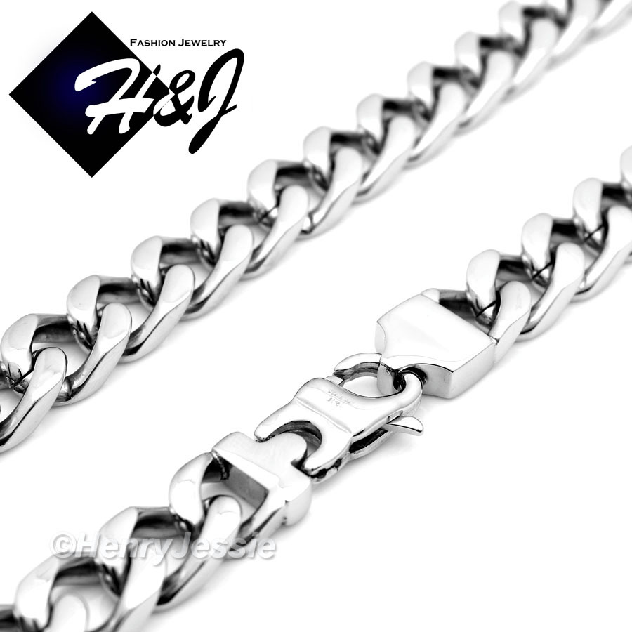24″MEN Stainless Steel 11mm Silver Cuban Curb Chain Necklace Cross Pendant*BJ1