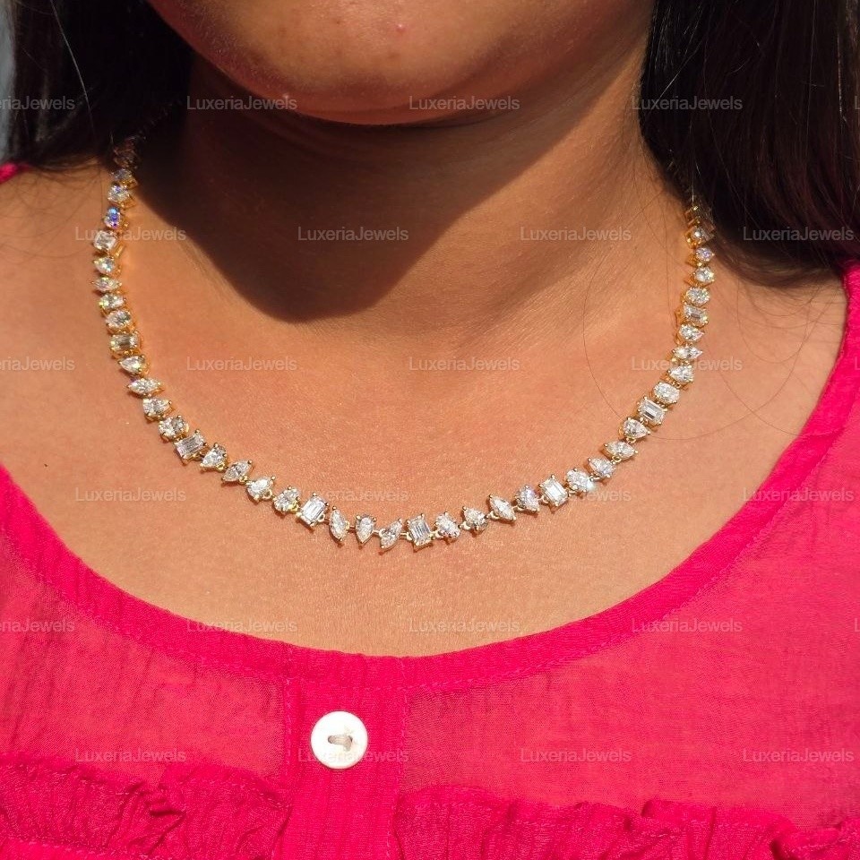 32TCW Mix Shape Moissanite Necklace, Statement Necklace, Bridal Necklace, Gift