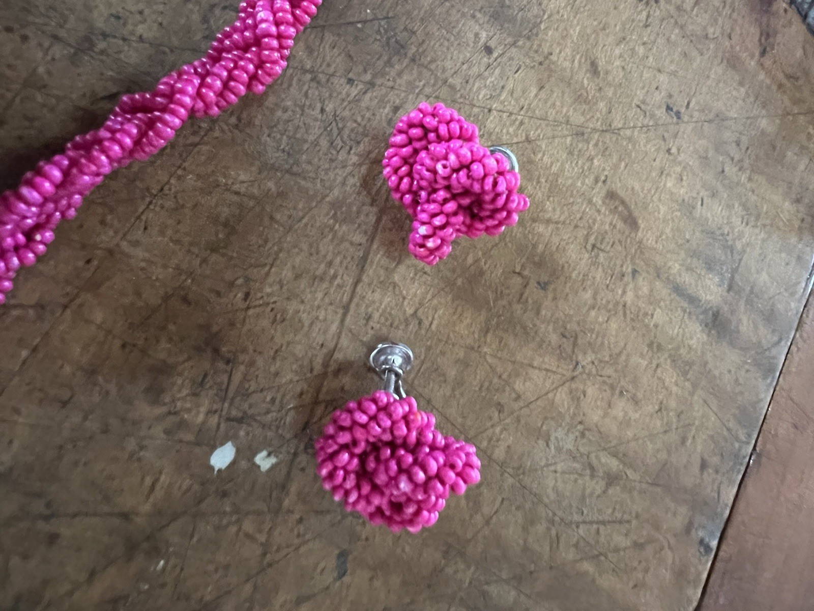 Bright Pink Seed Beaded Multi Strand collar necklace With Matching Earrings