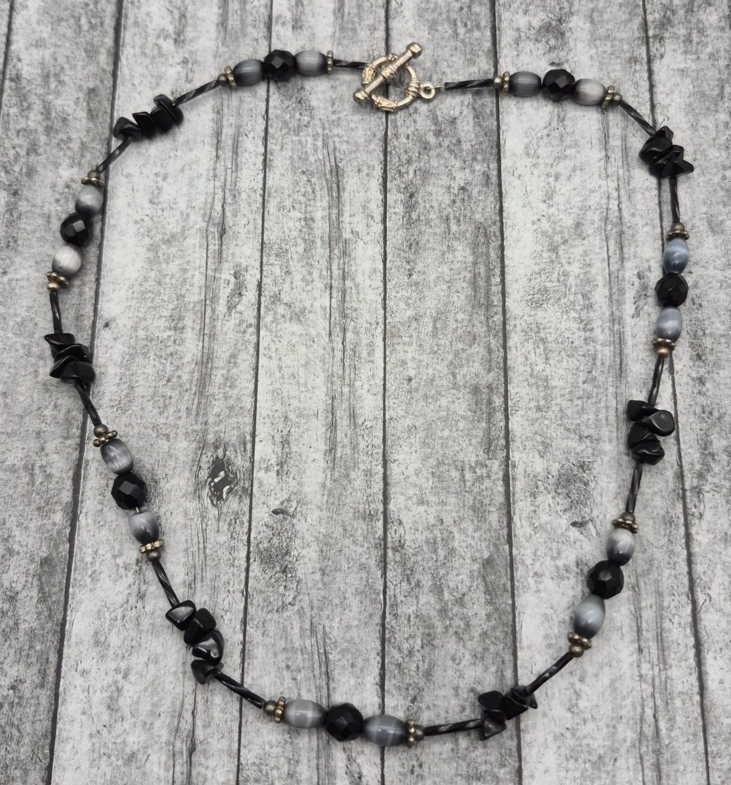 Black & Grey Beaded Collar Necklace Toggle Clasp 20″ Witchy Whimsigoth