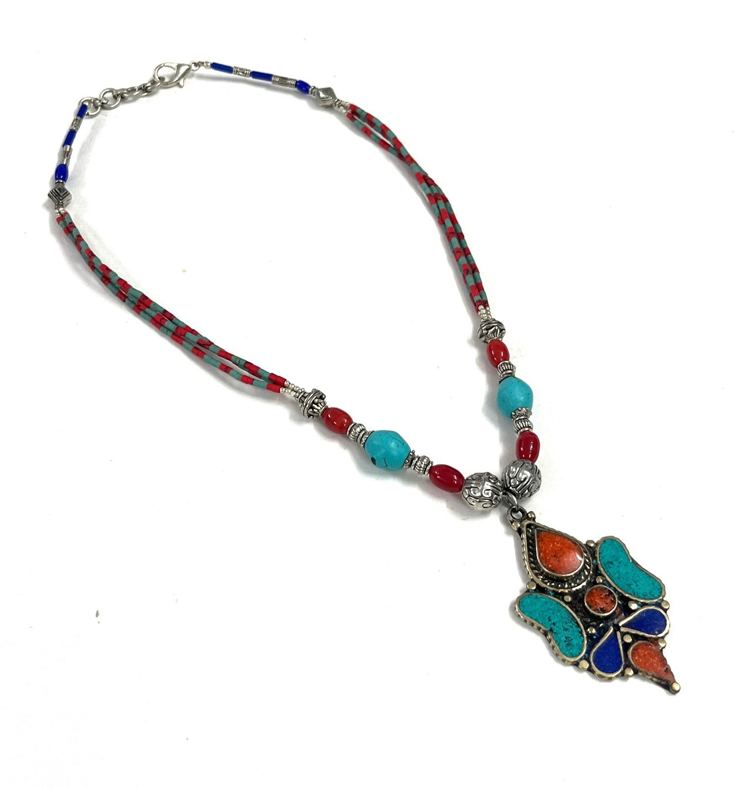 Nepalese Turquoise Coral Gemstone Tibetan Necklace Jewelry, 18 inch Adjus