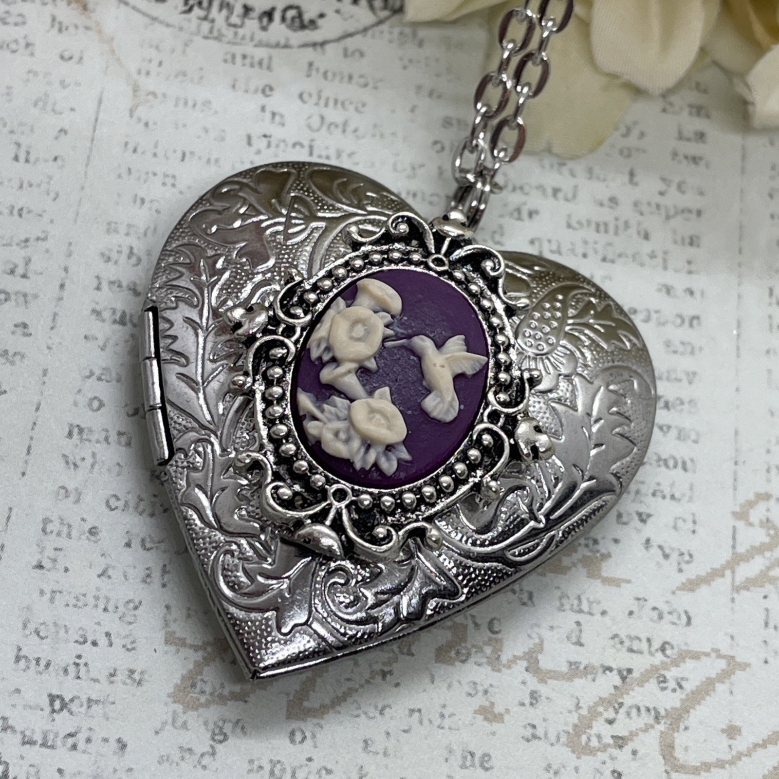 Heart Silver Locket Cameo Hummingbird purple Necklace Photo Bride bridal wedding