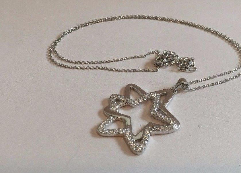 925 SILVER SILVER DOUBLE STAR PENDANT NECKLACE W/2 CT ACCENTS/18”