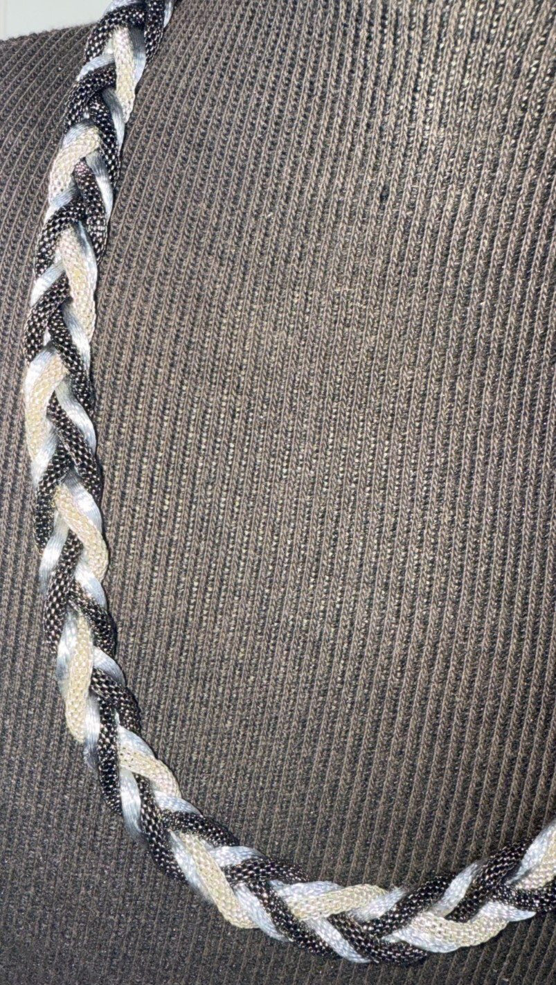 Braided Mesh Rope Necklaces Black & Silver Metal Clamp Round Satin Silk Material
