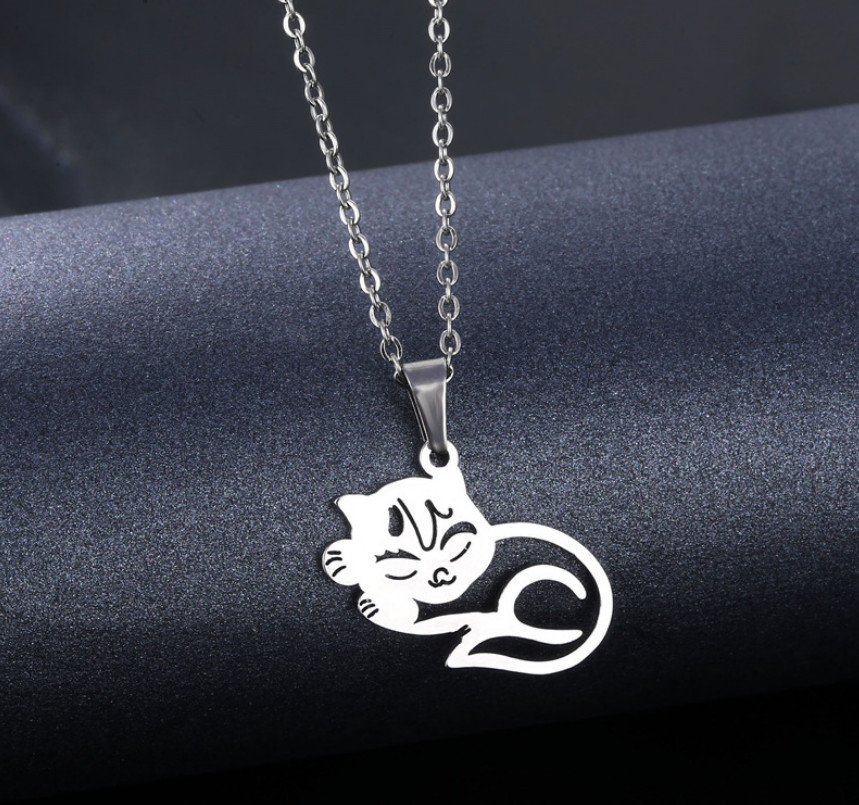 Unisex Punk Silver Sleeping Cat Titanium S.Steel Pendant Kitten Chain Necklace