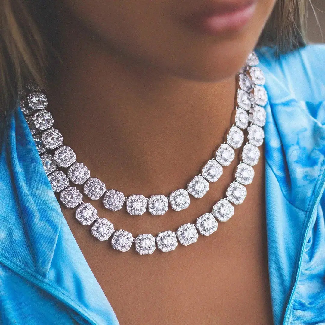 Diamond Paved Crystal Heart Cuban Link Chain Necklace for Women Hip Hop Iced Ou