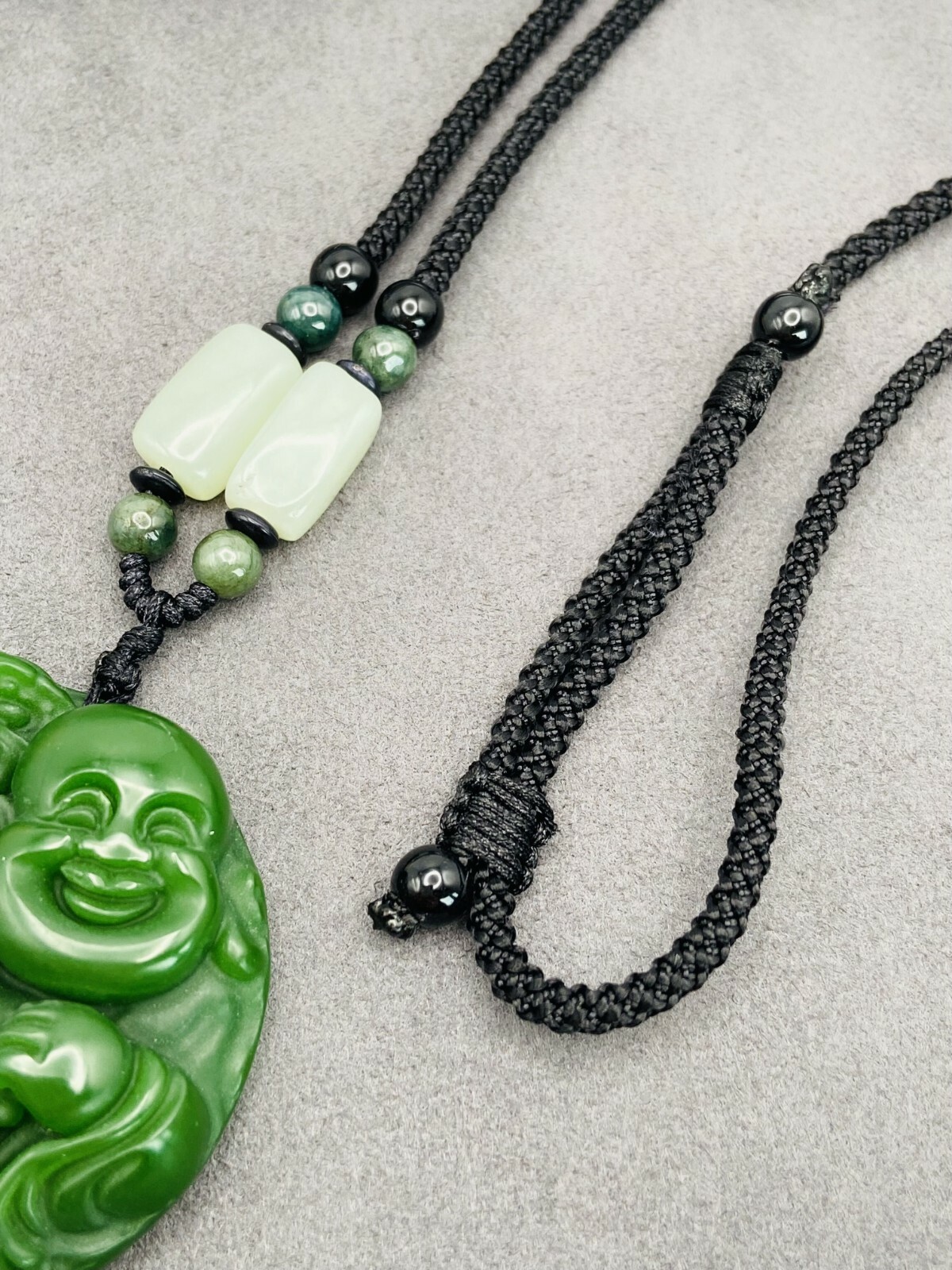 Jade Buddha Charm Pendant Necklace W/ Beads Cord Chain Handmade Carved Gemstone