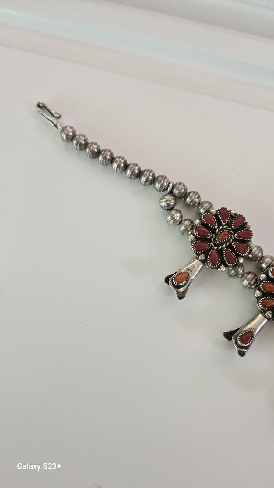 Silver Tone Beaded Necklace Crescent Charm Pendant Red Teardrop Floral Hook