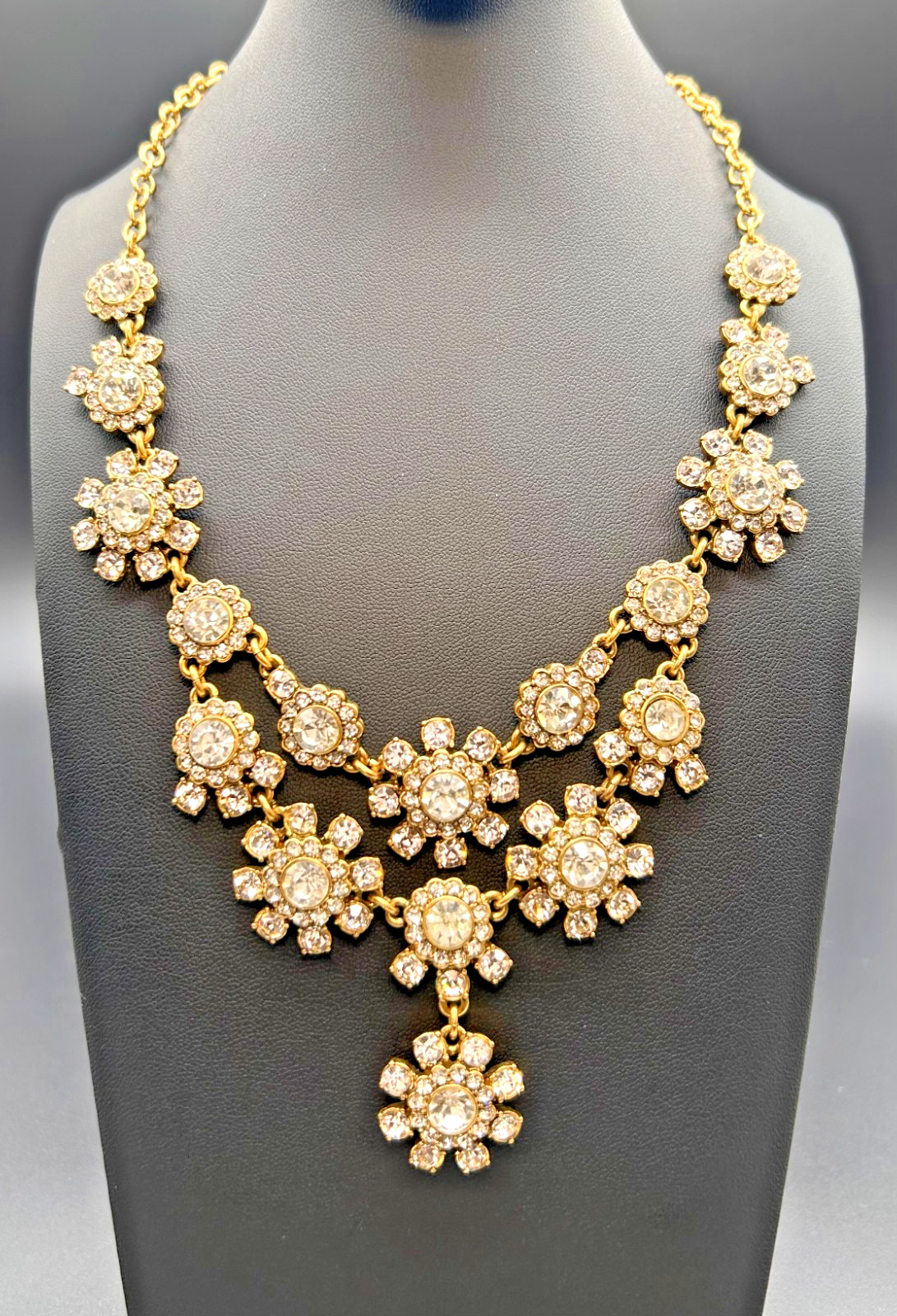 J Crew Crystal Flower Statement Necklace Gold Tone Rhinestone Floral Bib Signed