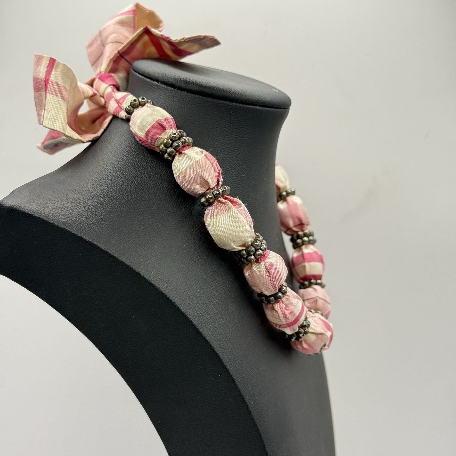 Pink Plaid Fabric Tie Back Necklace PEAPODS.ORG Preppy Adjustable Beaded Girly