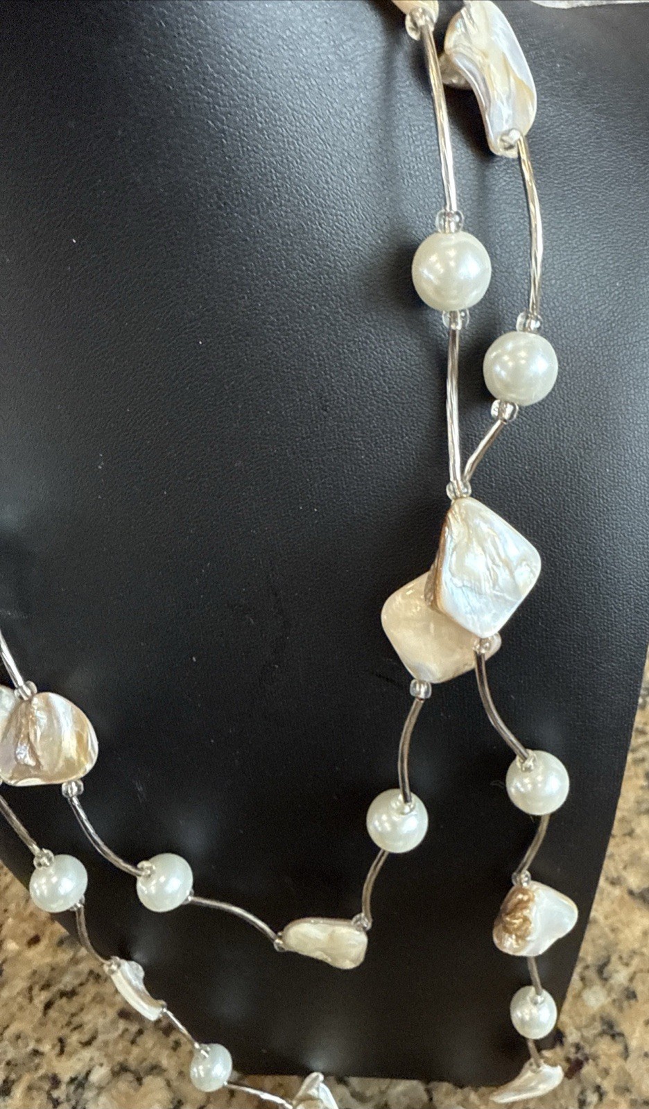 Fashion Layered Necklace & Earrings Abalone & Faux Pearl Silver Tone 54” Boho