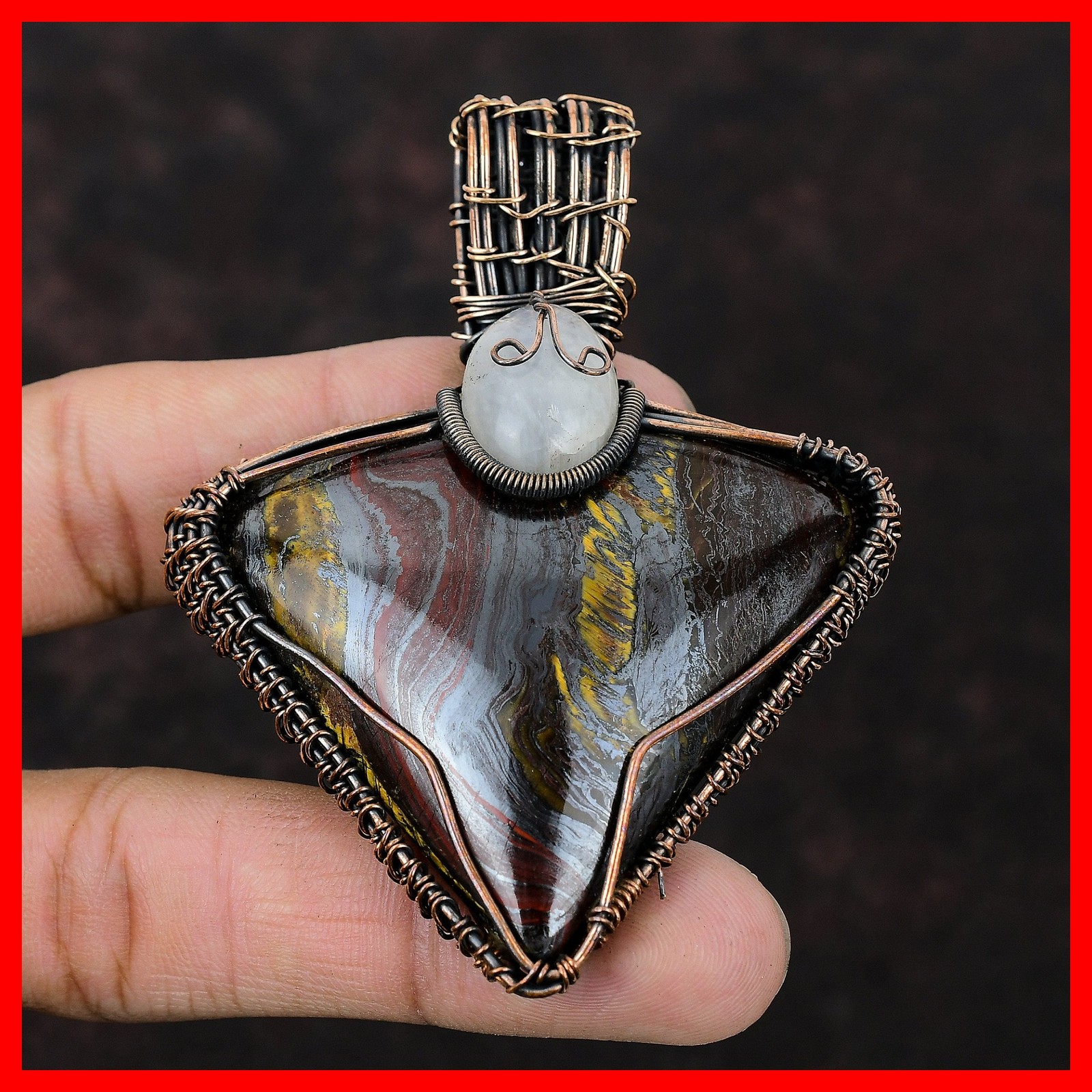 Trillion Natural Iron Tiger Eye Copper Unique Boho Wire Wrapped Daughter Pendant