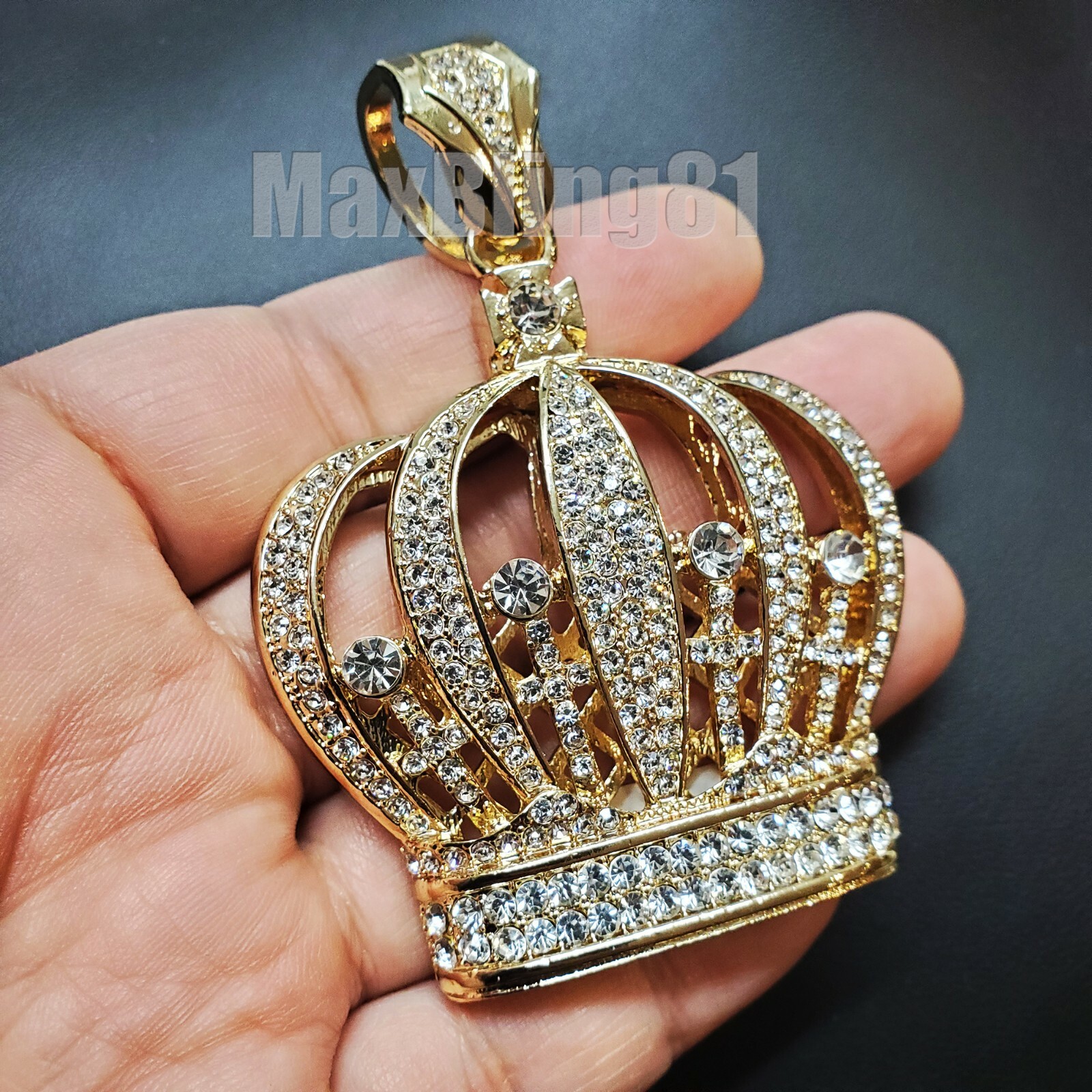 HIP HOP JEWELRY ICED GOLD PLATED CUBIC ZIRCONIA LARGE KING CROWN CHARM PENDANT