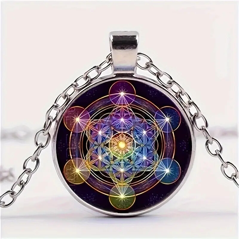 Geometry Metatron Cube Pattern Cabochon Glass Pendant Necklace