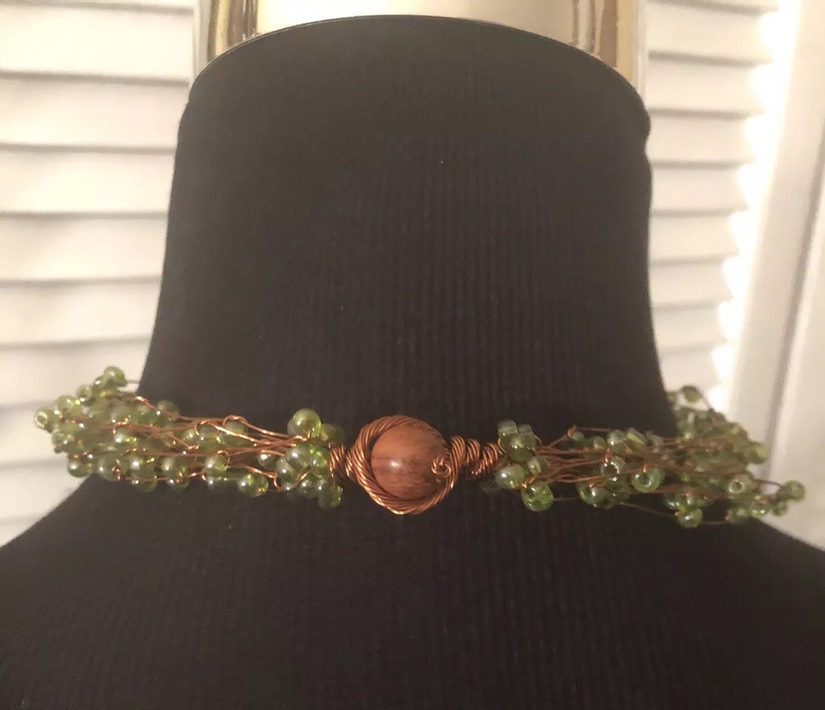 Mi Linea Green Beaded Copper Wire Multi-strand Choker Necklace NWOT