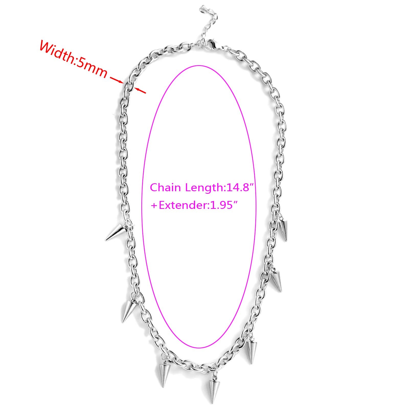 Tosmifairy Stainless Steel Chain Necklace with 7pcs Spikes One Size, Silver