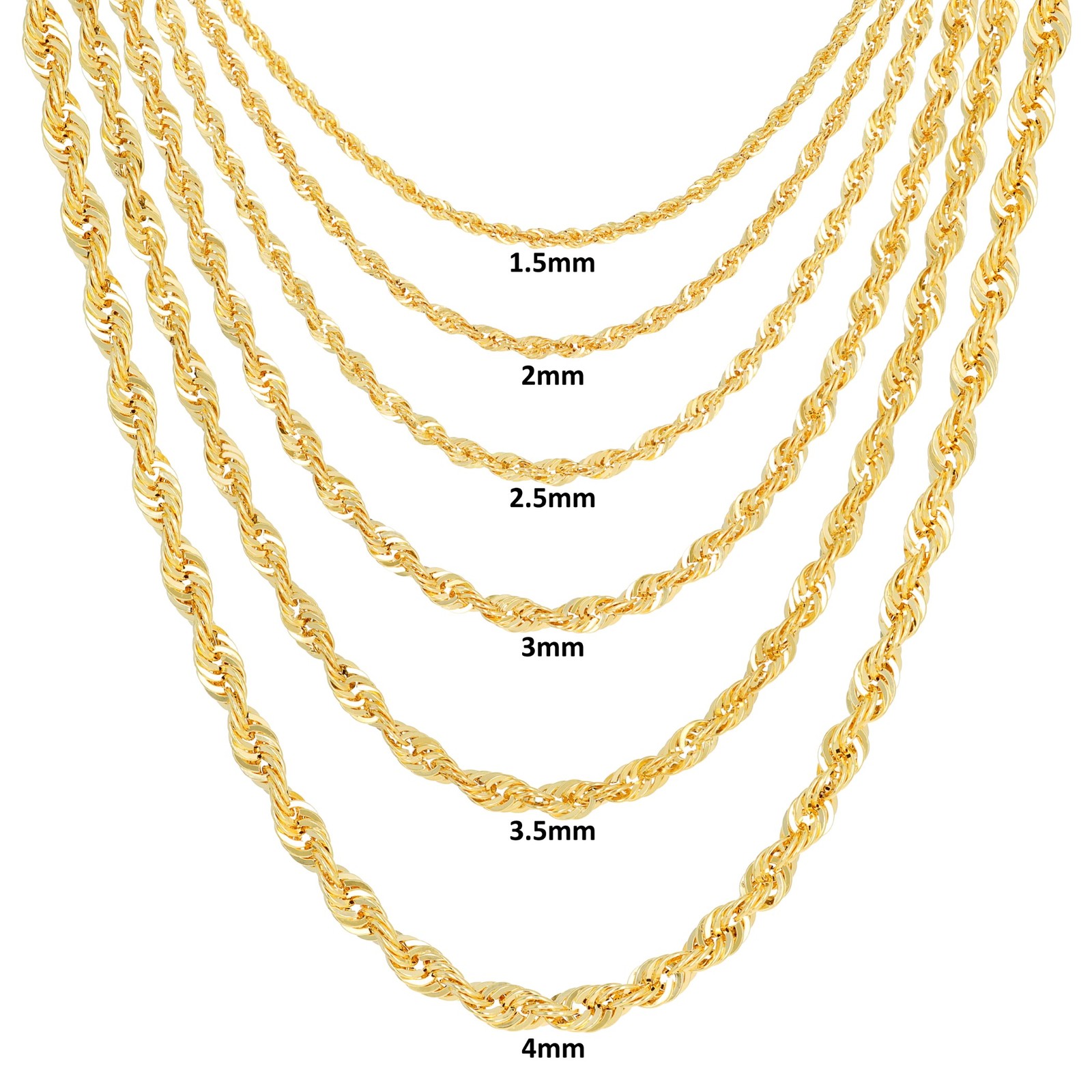 14K Yellow Gold 1mm-4mm Laser Diamond Cut Rope Chain Necklace Men Women 16″- 30″