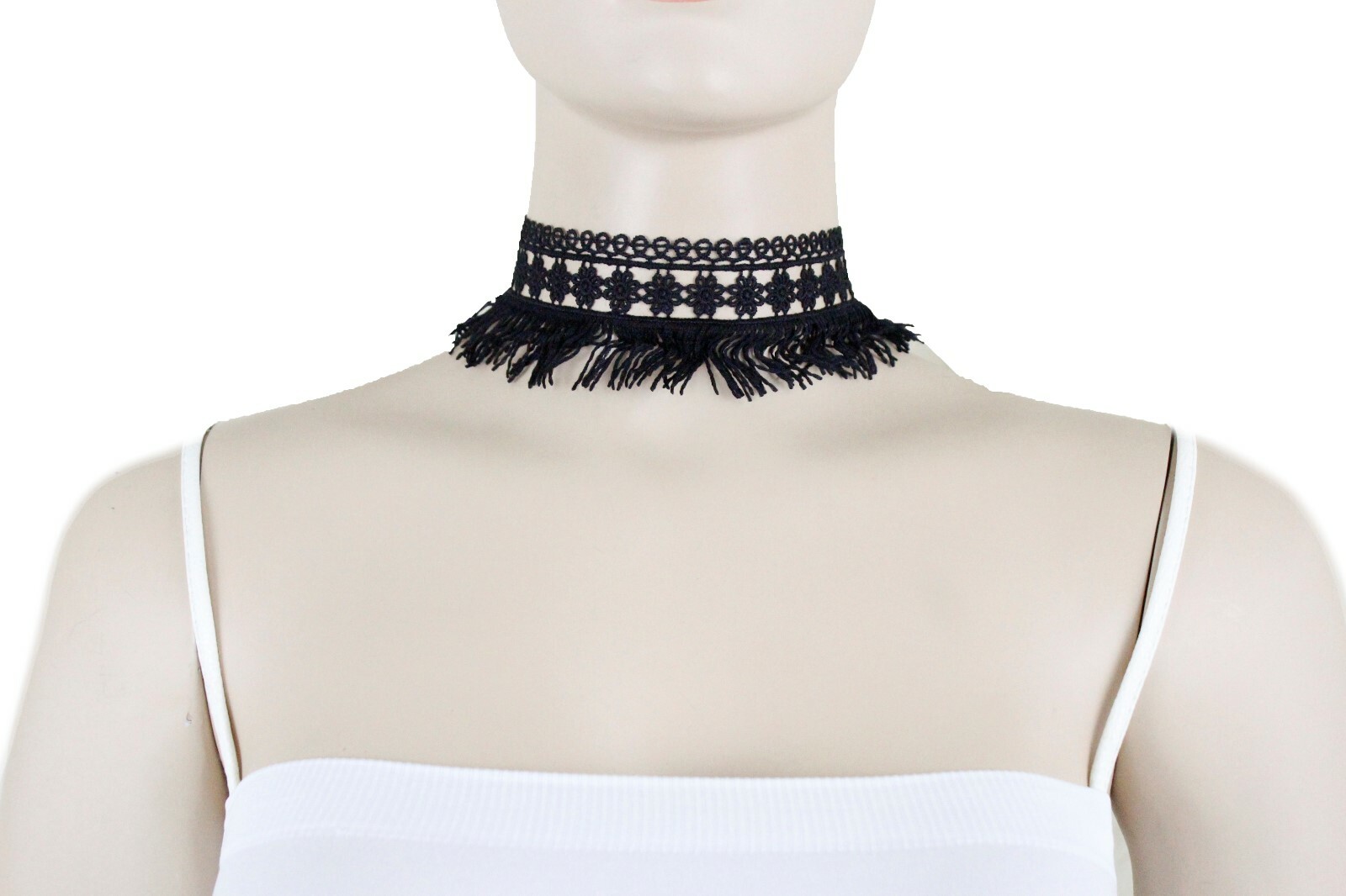 Women Tassel Strand Fringes Cool Style Fashion Black Fabric Choker Necklace