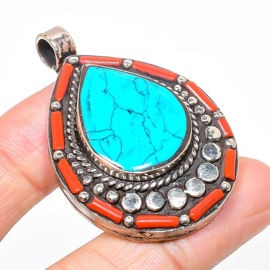 Turquoise Red Coral Gemstone Pendant Tibetan Handmade Nepali Jewelry 2″ NP 2236