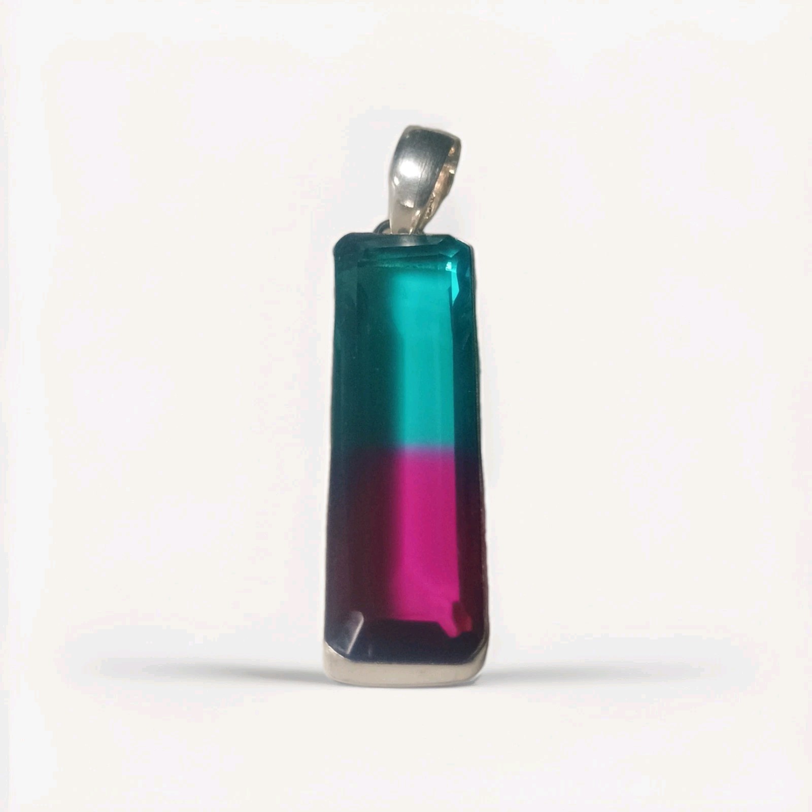 Pendant Tourmaline Bi-Color Gemstone set in Silver Plated Rectangular Shape