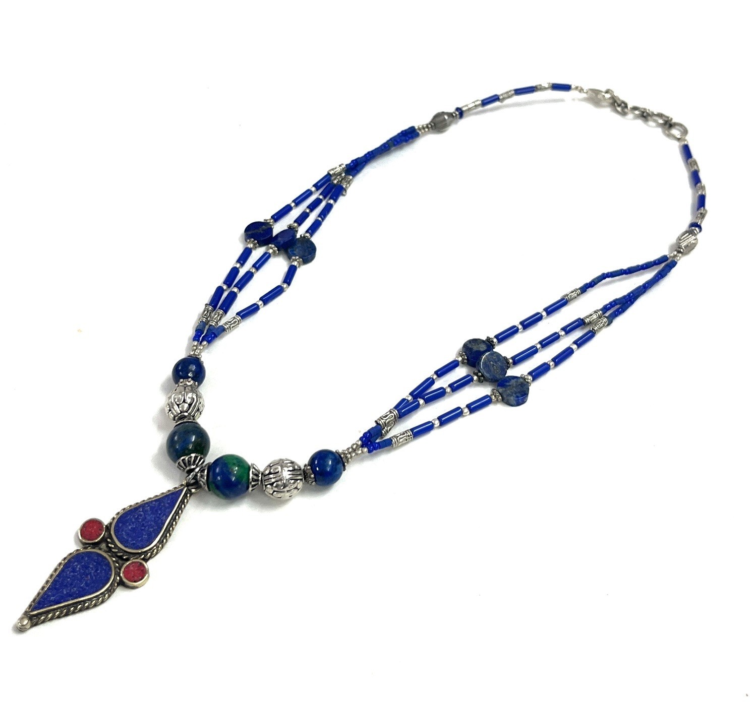 Antique Lapis Lazuli Gemstone Tibetan Bohemian Necklace Jewelry, 17 inch Adju