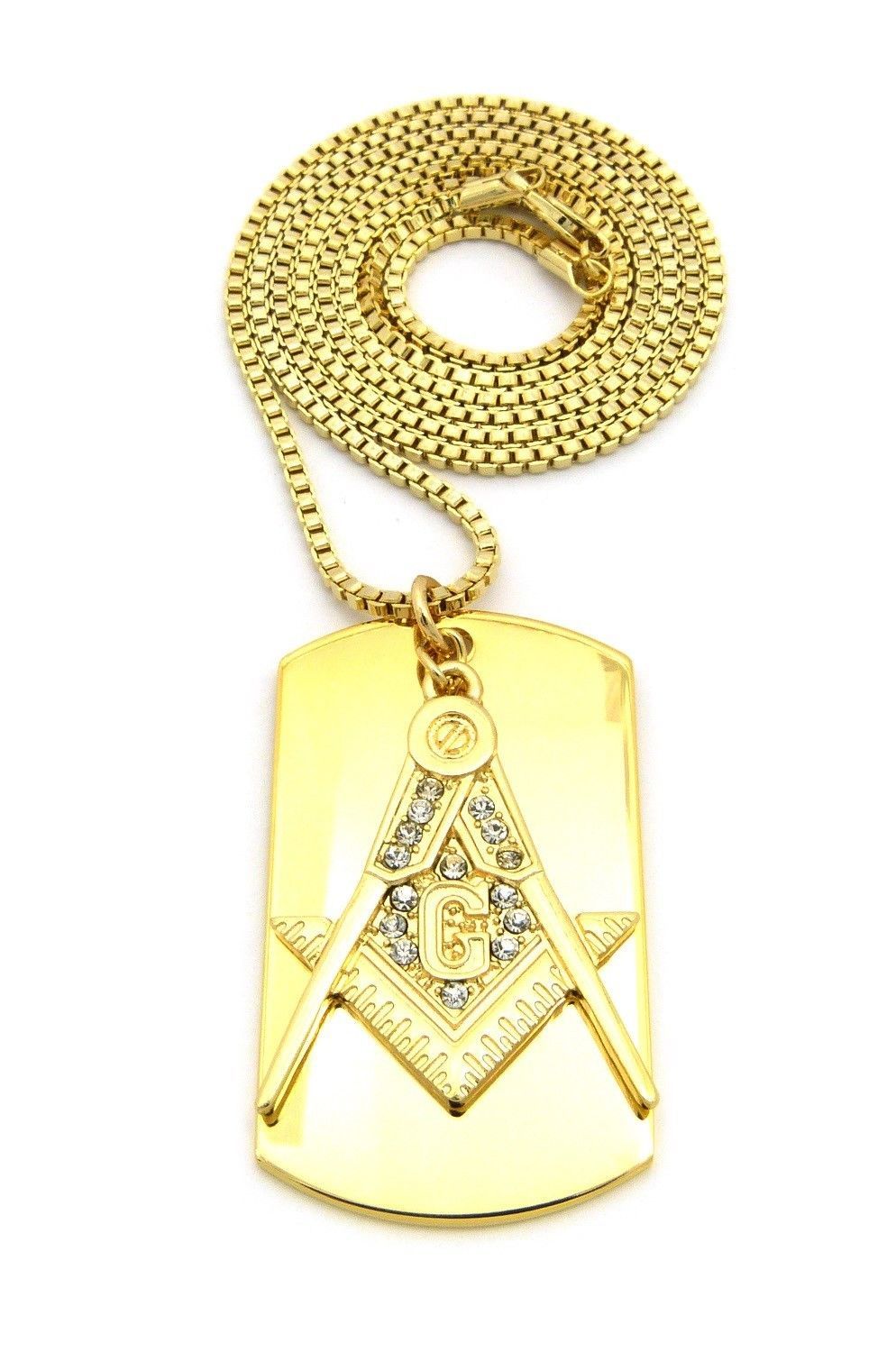 Iced FREEMASON MASONIC & Dog Tag Pendant & 2mm 24″ Box Chain Bling Necklace