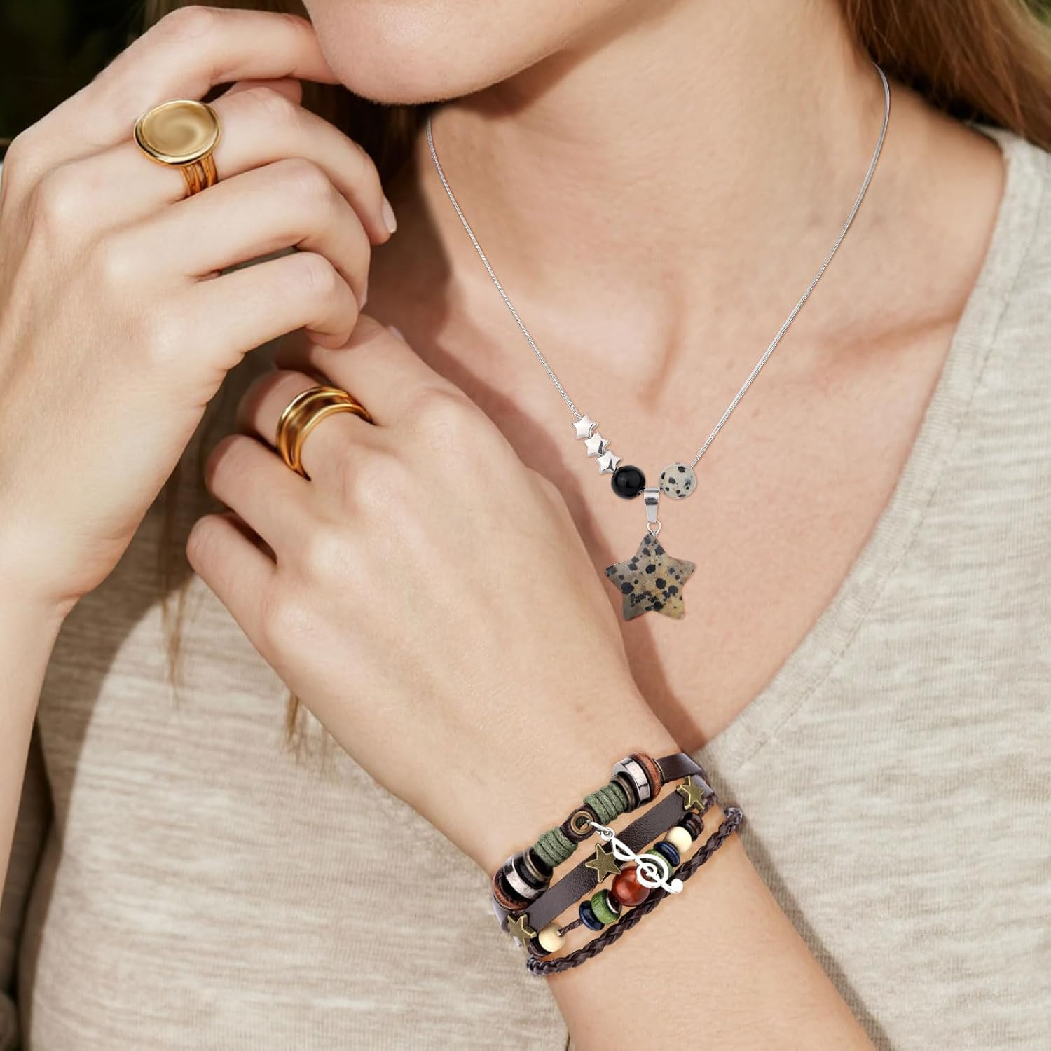 Fairy Grunge Necklace & Bracelet Set, Handmade Multilayer Leather Music Braided